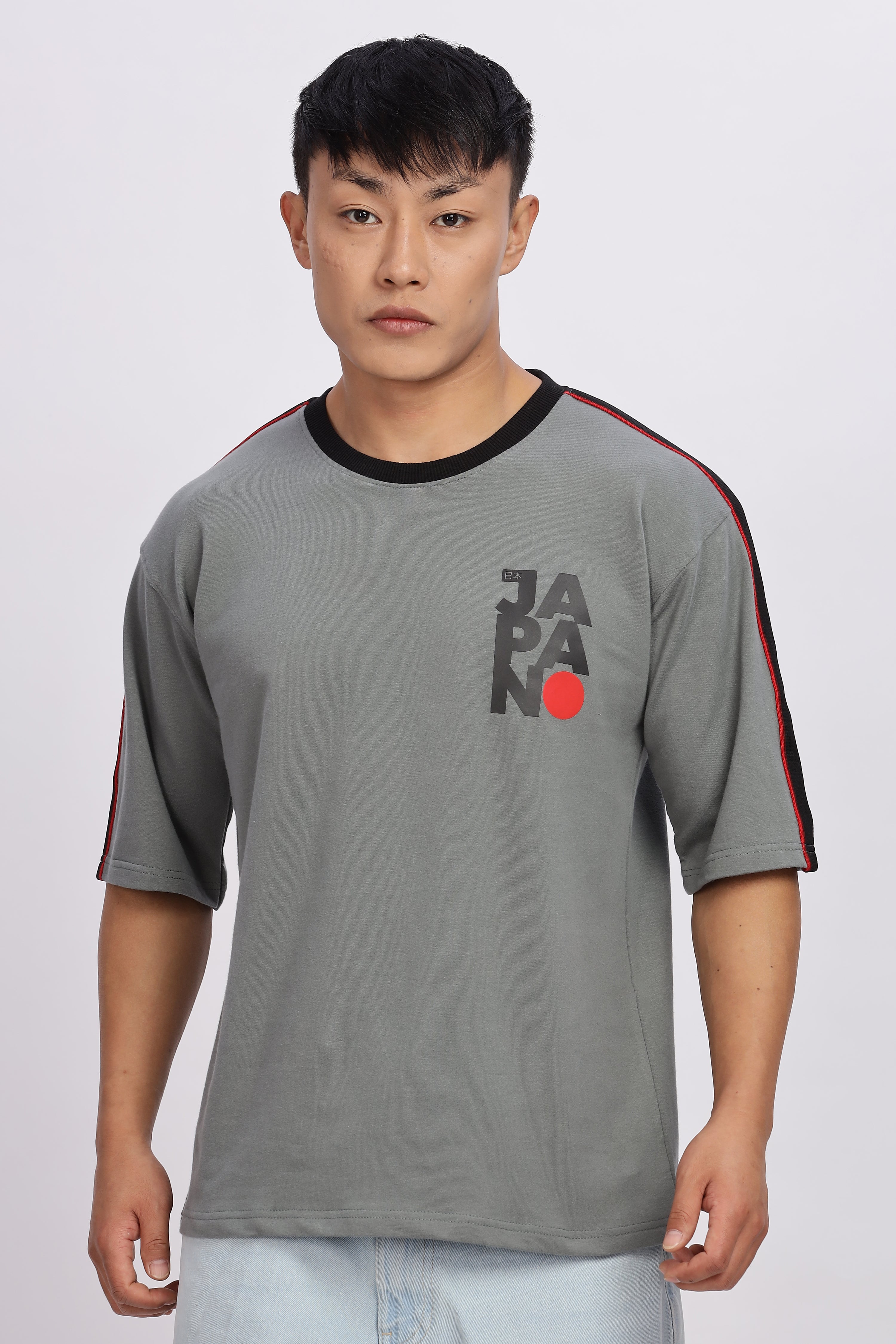 Avenster Men's Grey Cotton Oversized T-Shirt With Shoulder Tape
