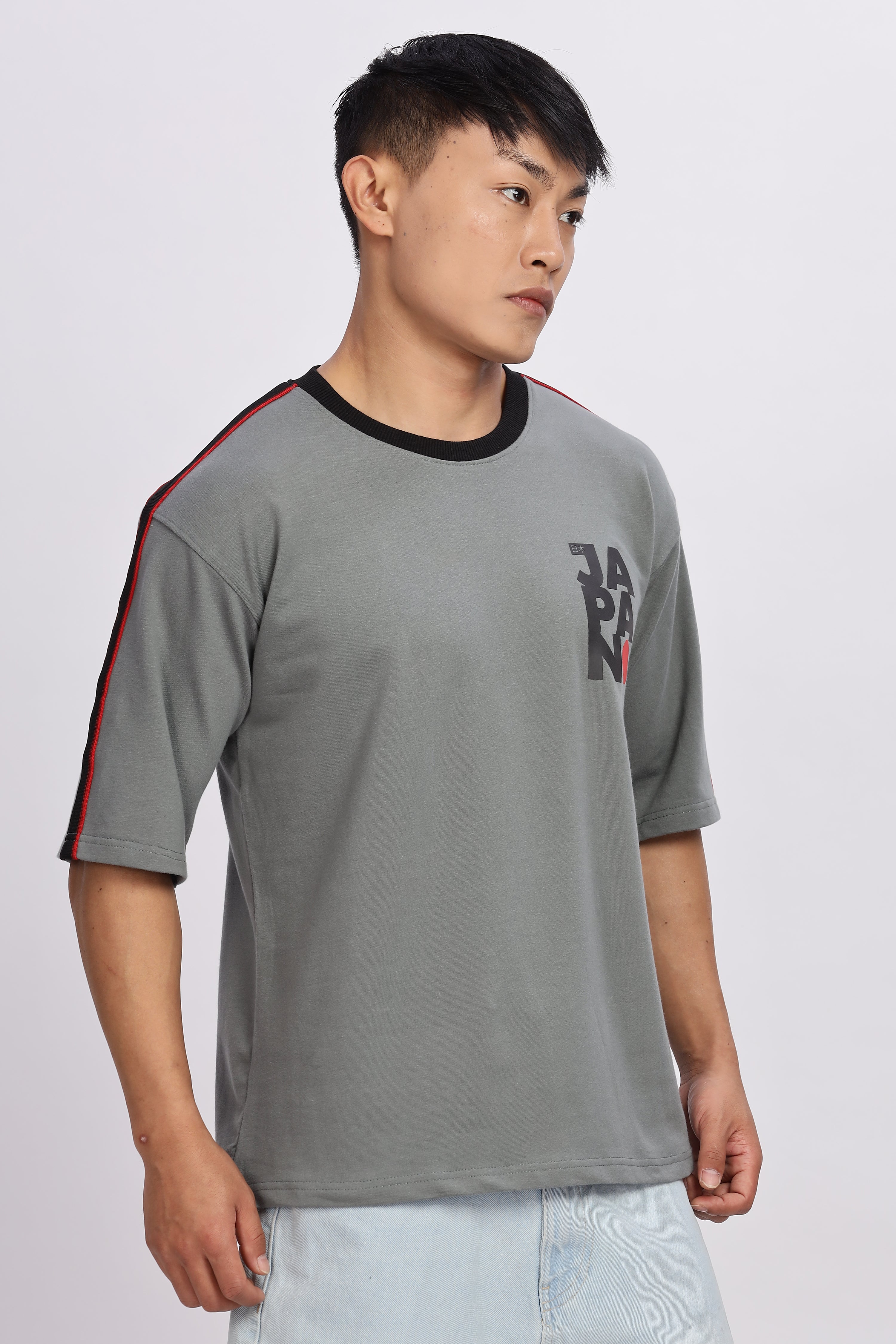 Avenster Men's Grey Cotton Oversized T-Shirt With Shoulder Tape