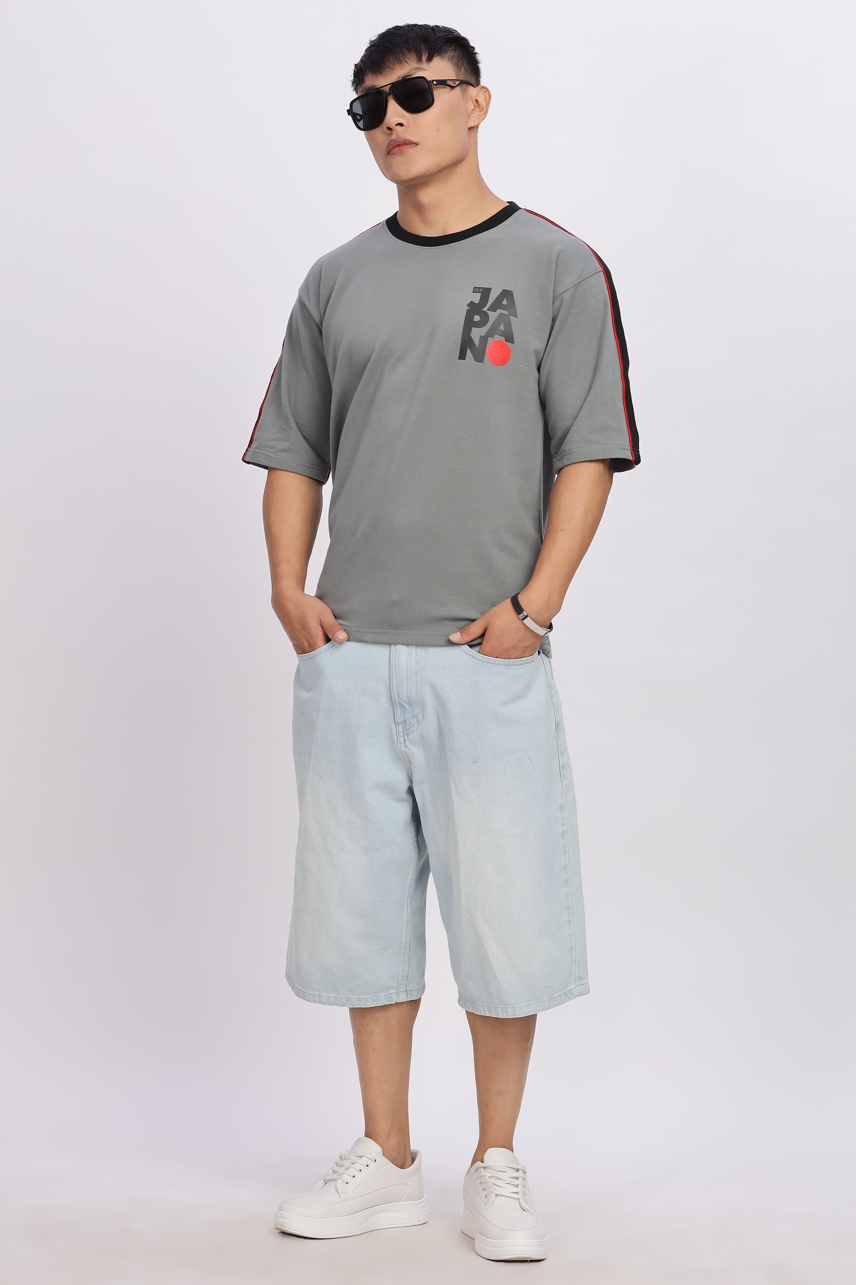 Avenster Men's Grey Cotton Oversized T-Shirt With Shoulder Tape
