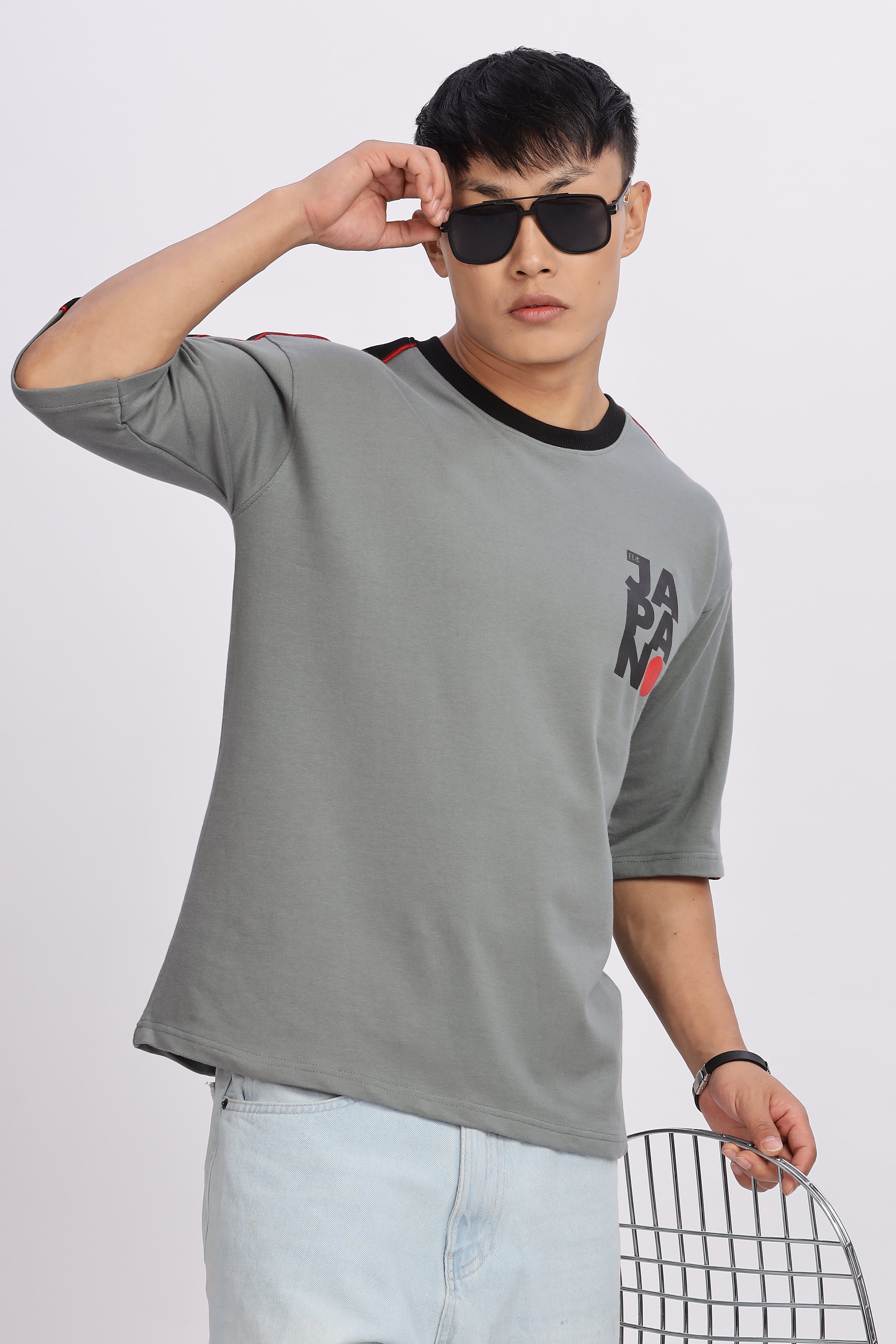 Avenster Men's Grey Cotton Oversized T-Shirt With Shoulder Tape