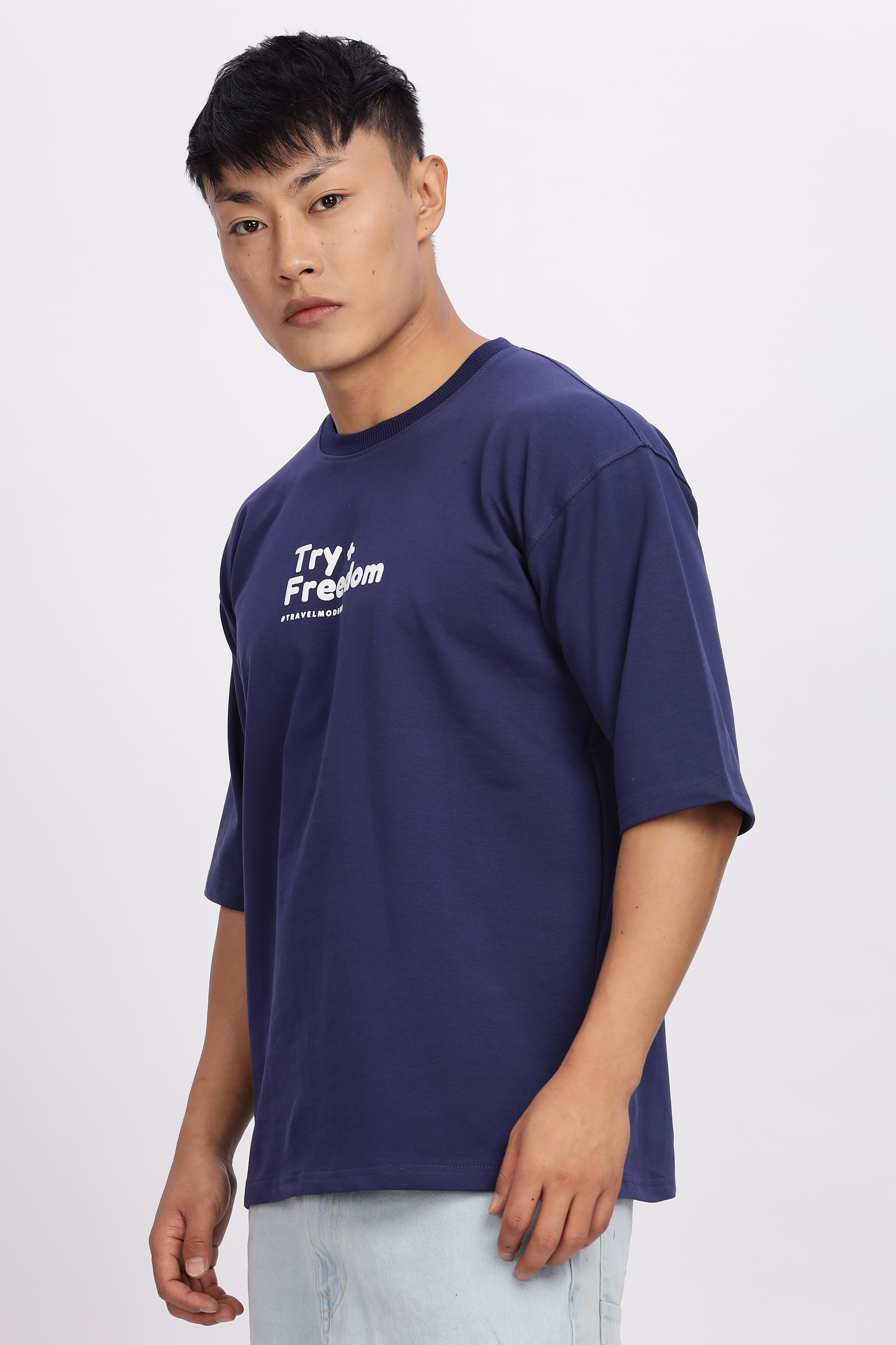 Avenster Men's Navy Word Print Cotton Oversized T-Shirt