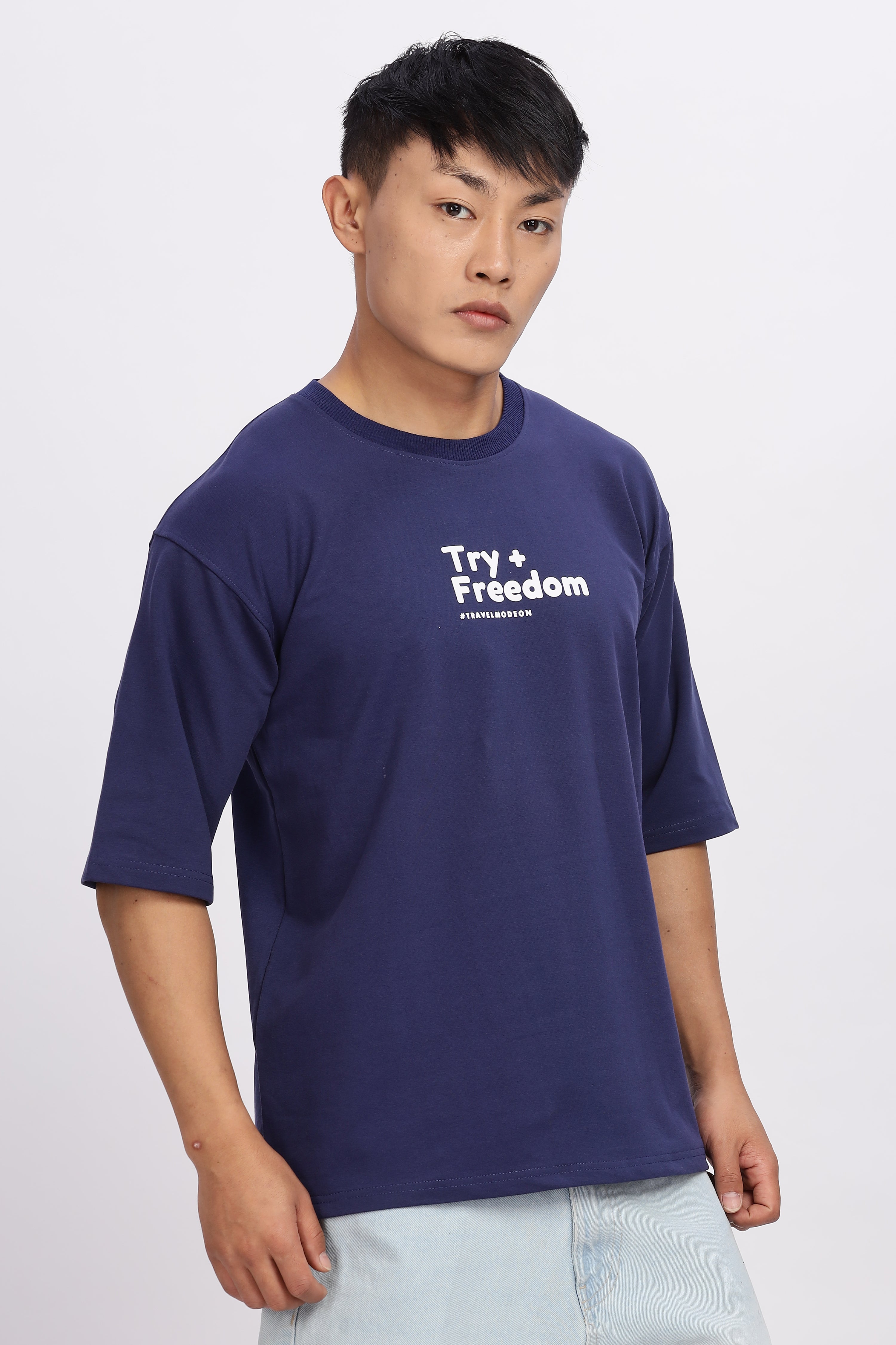 Avenster Men's Navy Word Print Cotton Oversized T-Shirt