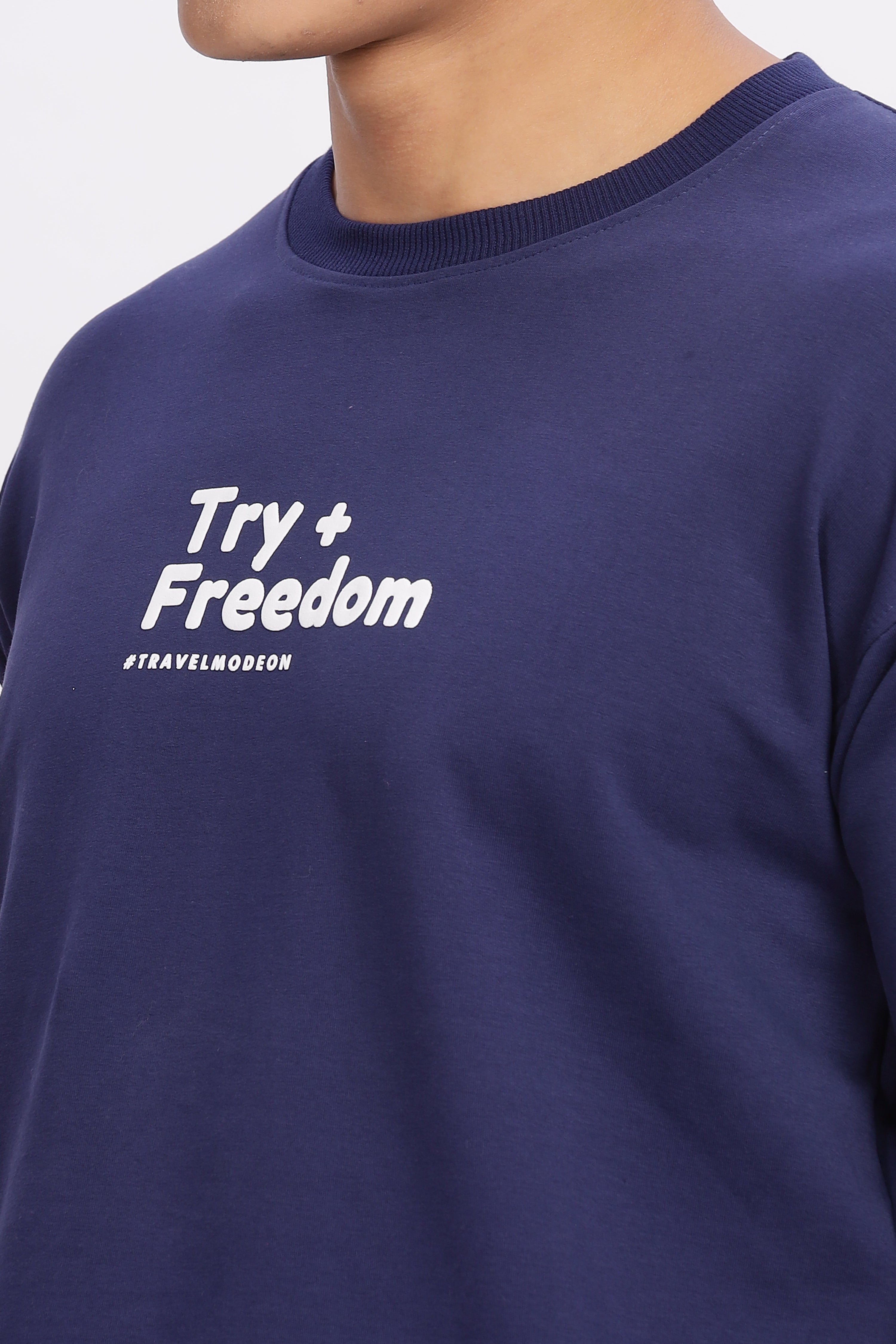 Avenster Men's Navy Word Print Cotton Oversized T-Shirt