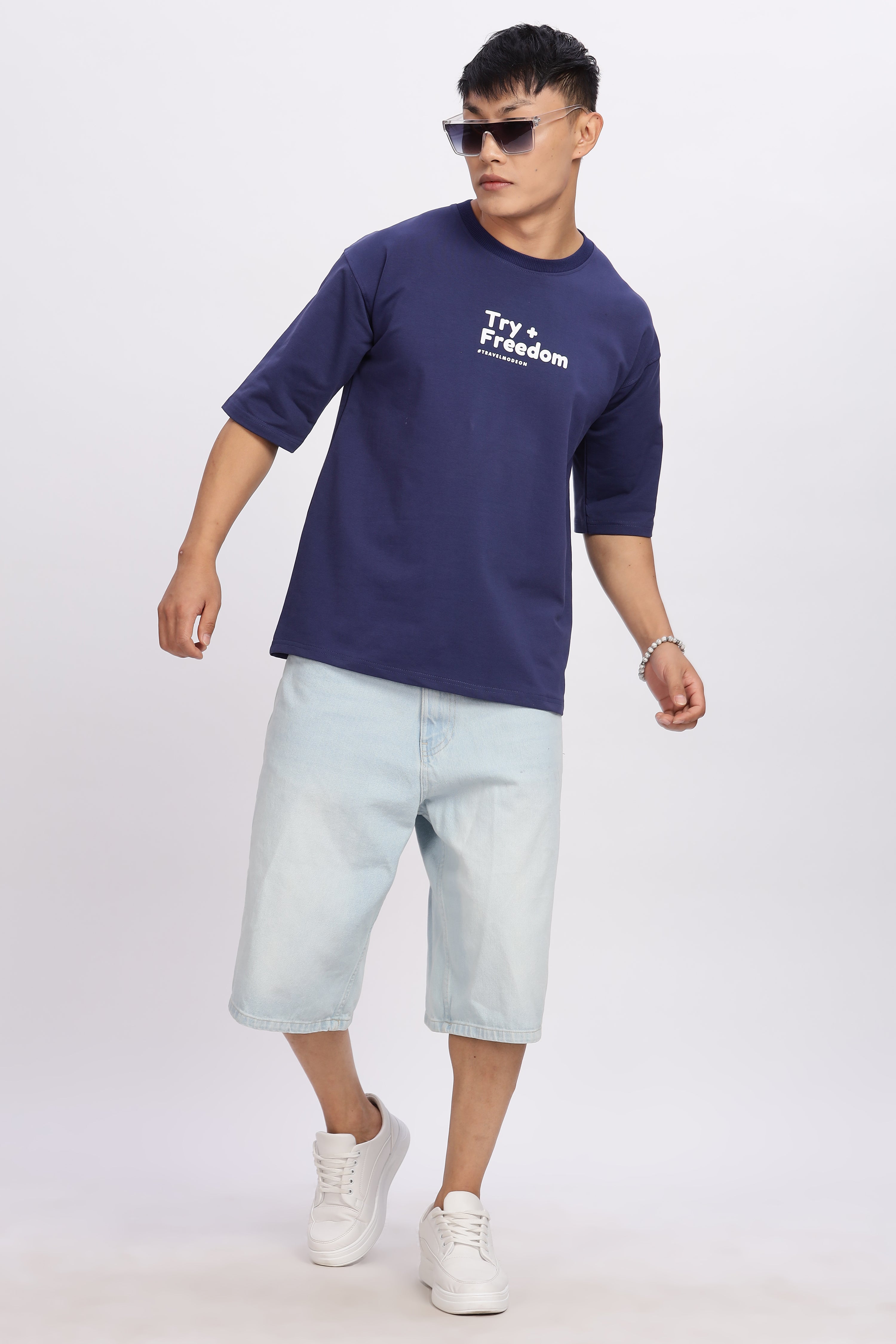 Avenster Men's Navy Word Print Cotton Oversized T-Shirt
