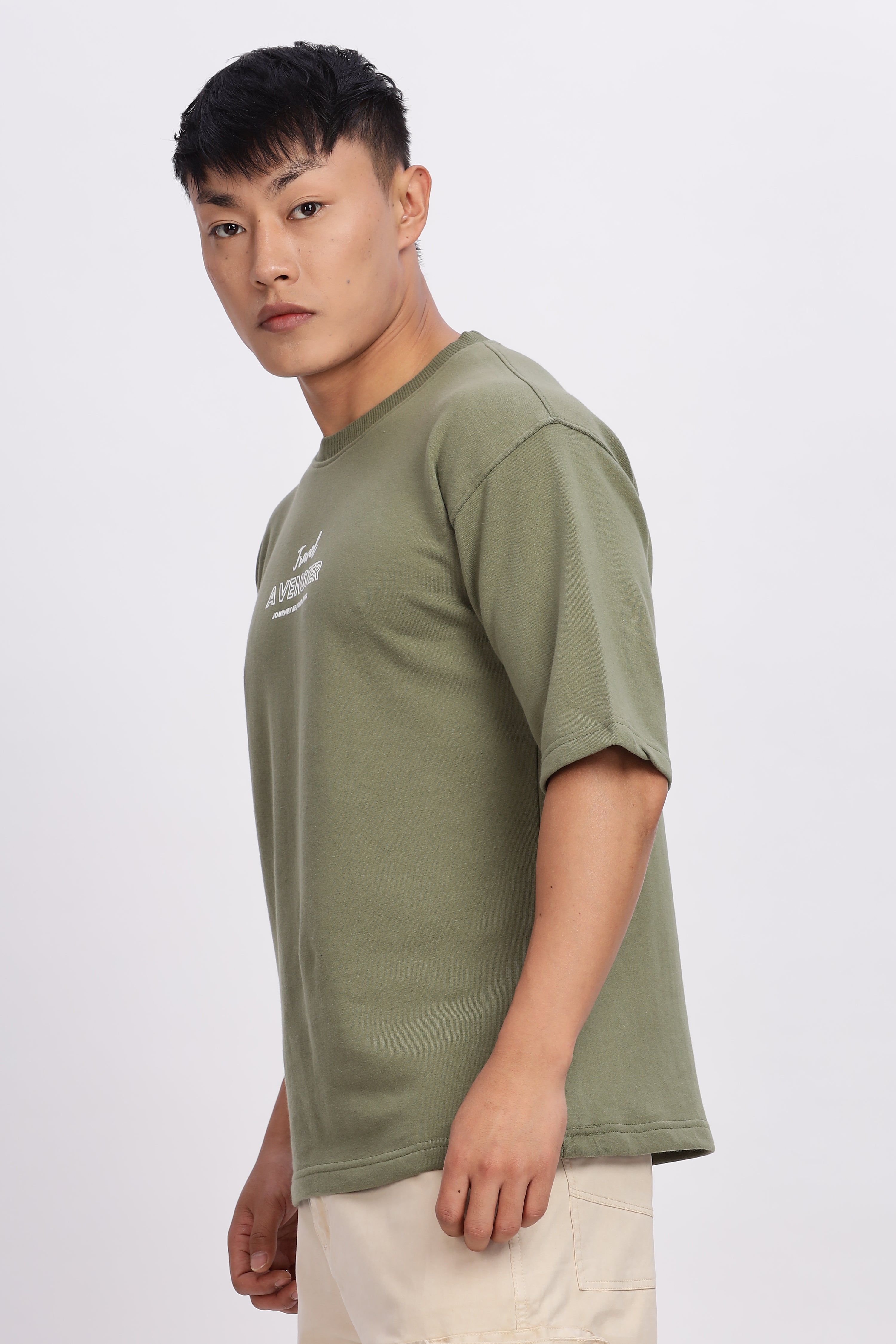 Avenster Men's Olive Green Word Print Cotton Oversized T-Shirt