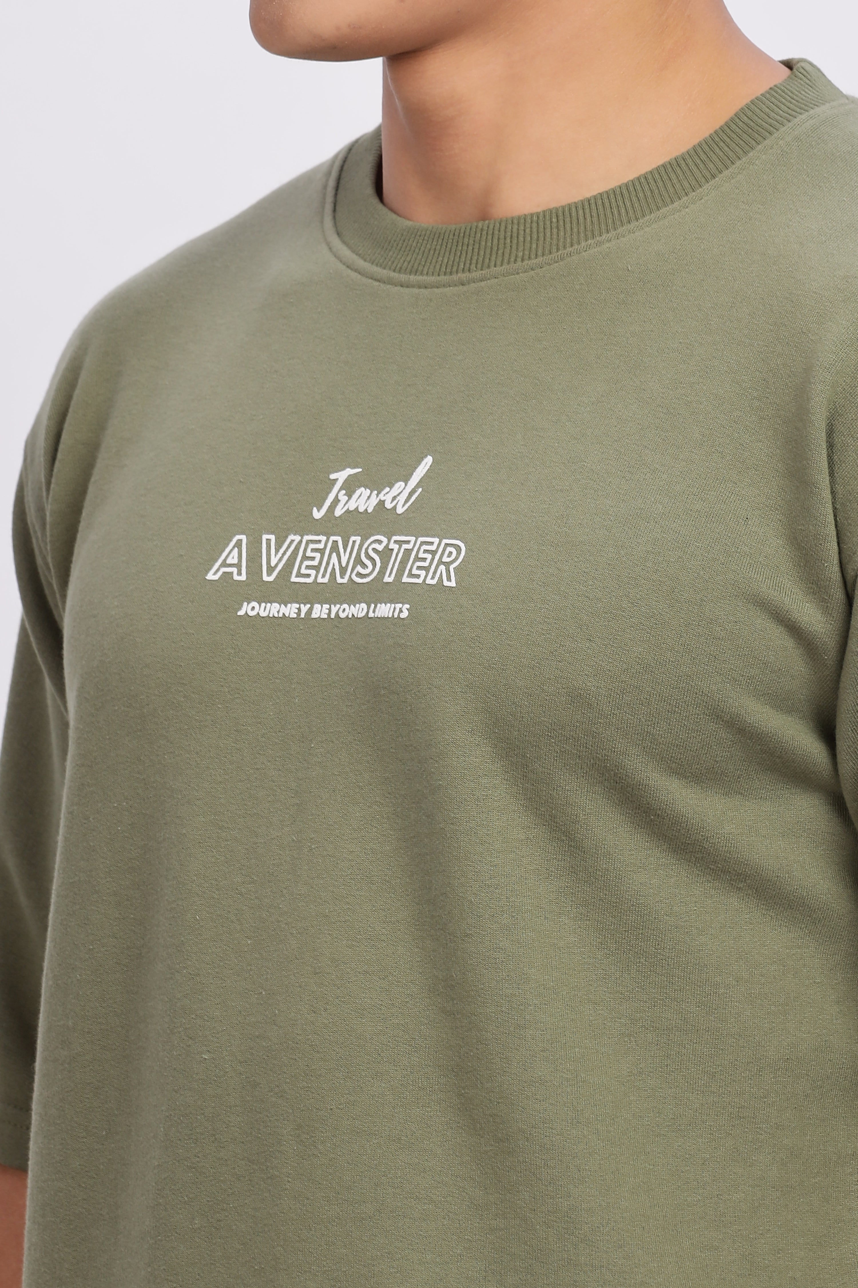 Avenster Men's Olive Green Word Print Cotton Oversized T-Shirt