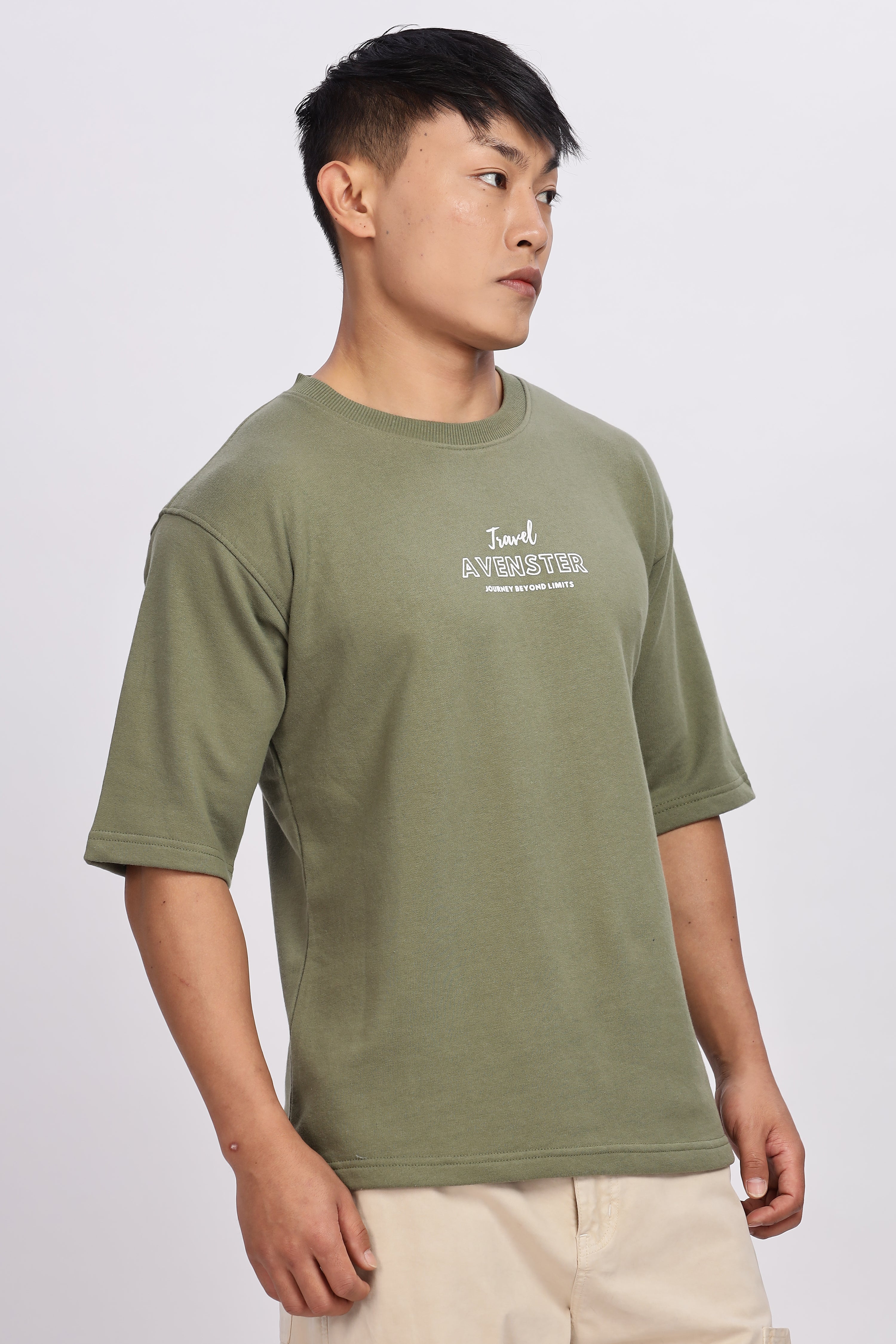 Avenster Men's Olive Green Word Print Cotton Oversized T-Shirt