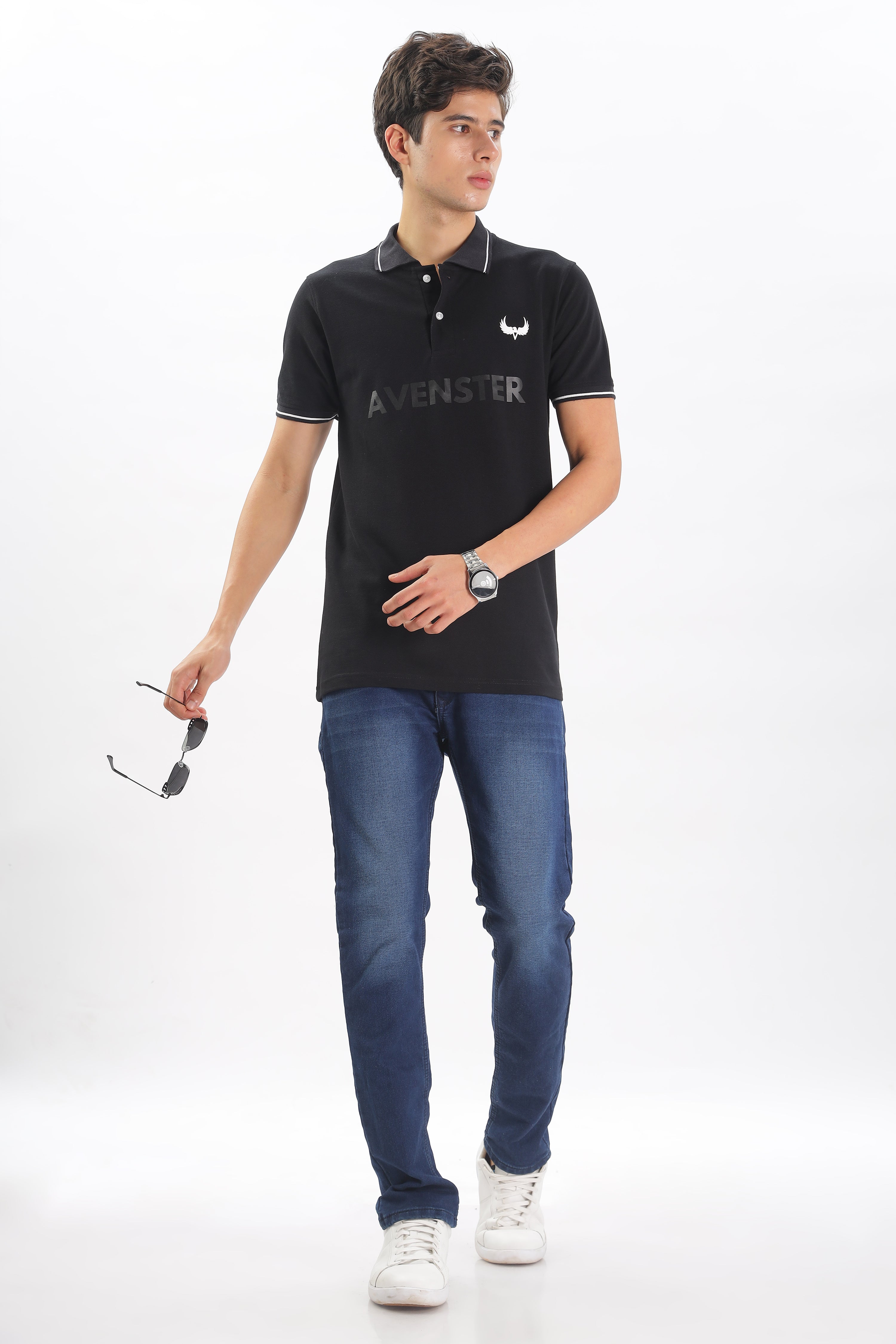 Avenster Men's Black Cotton Polo Shirt