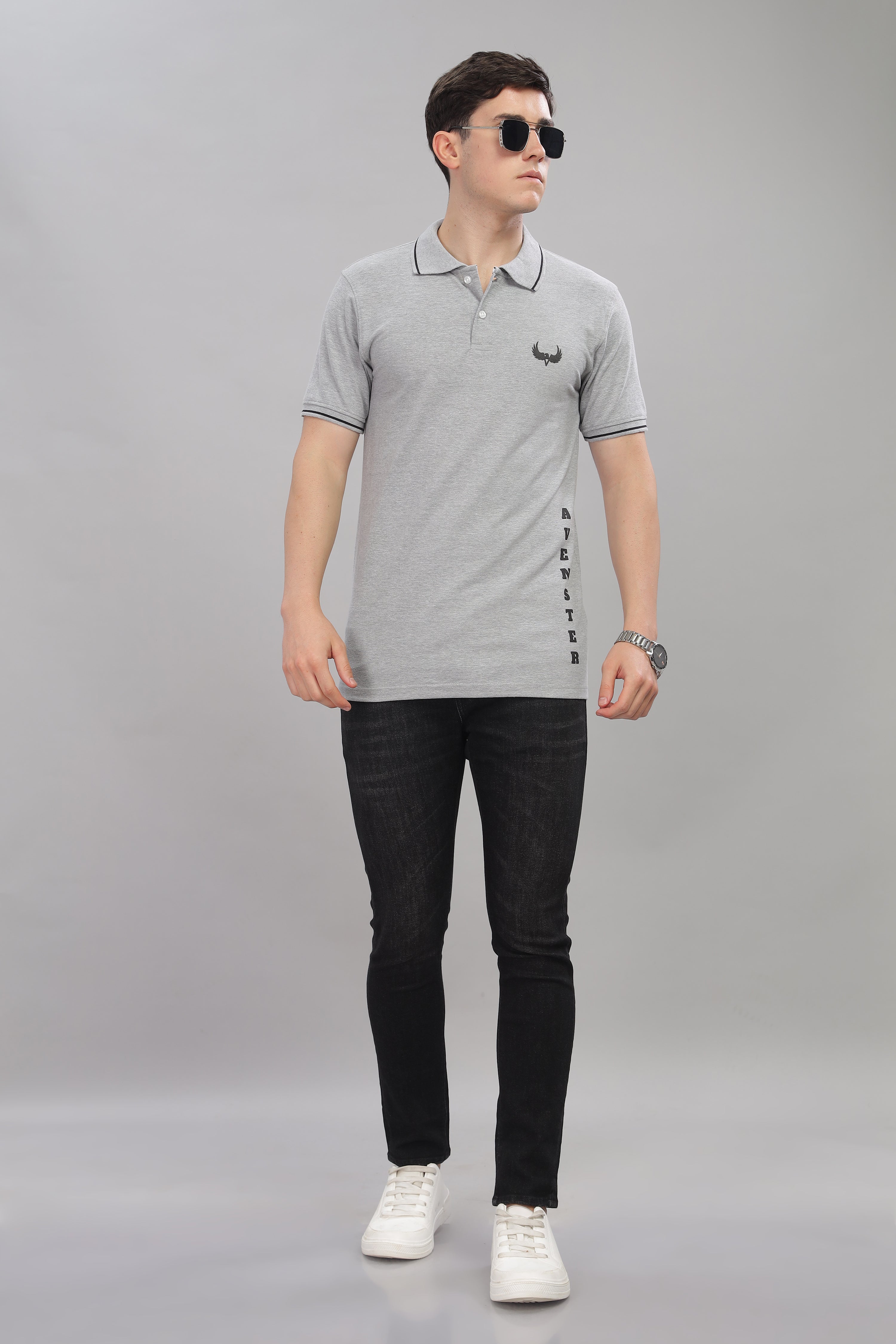 Avenster Men's Grey Cotton Polo Shirt