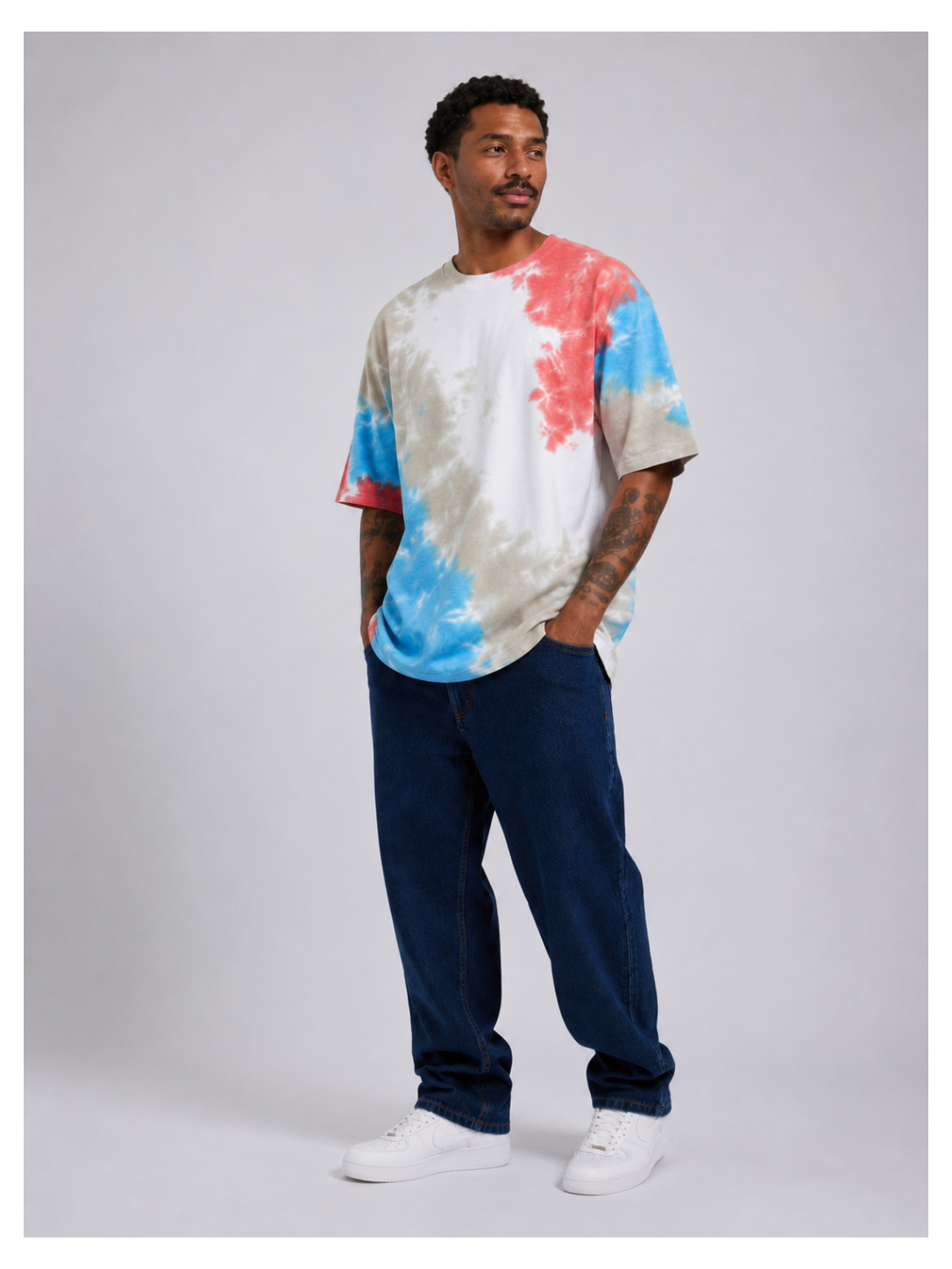 Avenster Minimal Sky Blue & Grey Tie-Dye Oversized T-Shirt