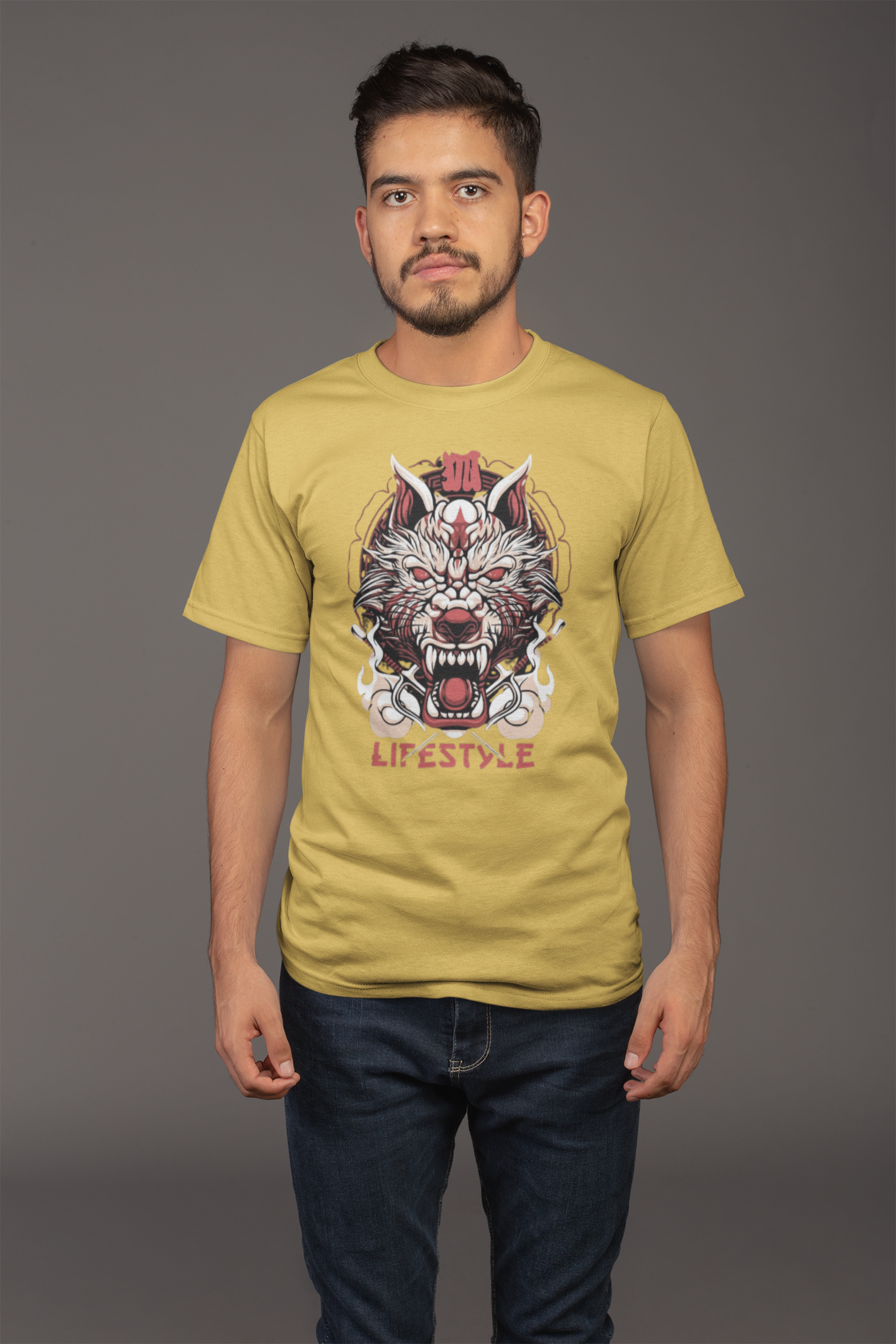 Avenster Mustard Yellow T-shirt with Dragon Print