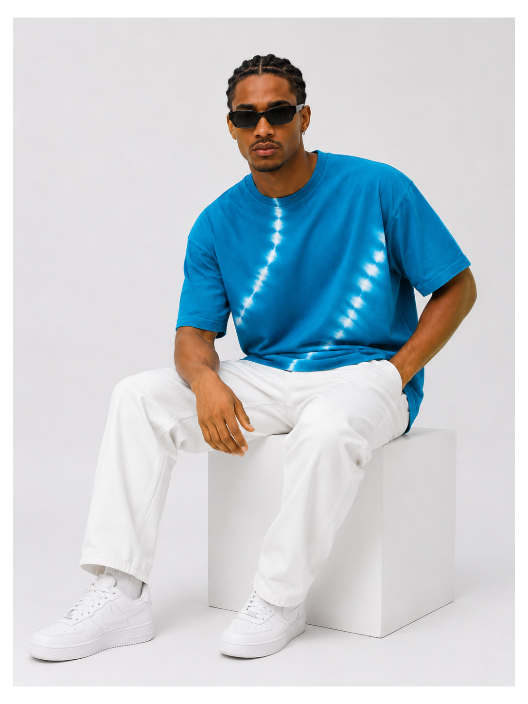 Avenster Trendy Blue & White Tie-Dye Baggy T-Shirt