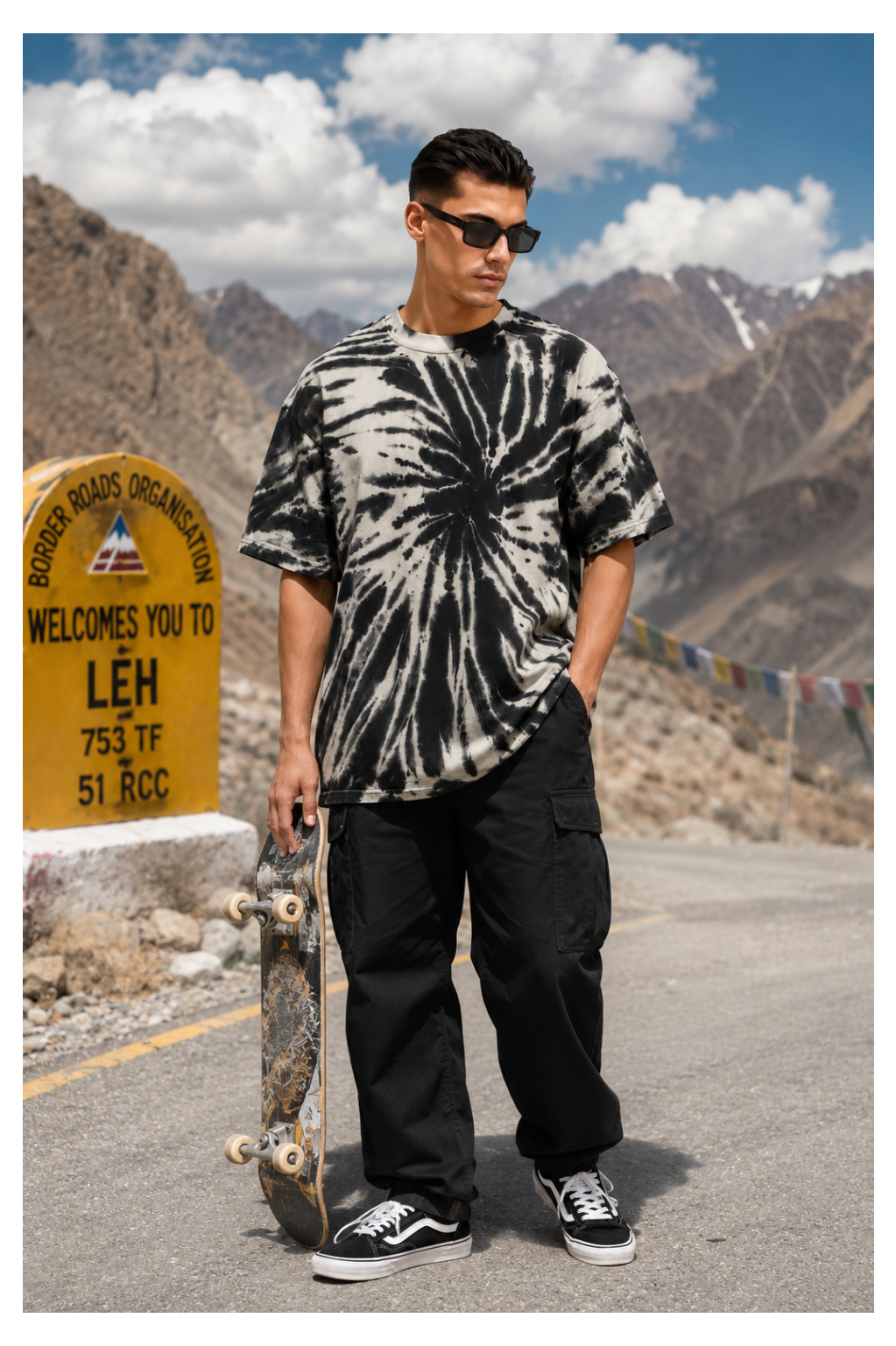 Avenster Trendy Black & White Tie-Dye Oversized Fit T-Shirt