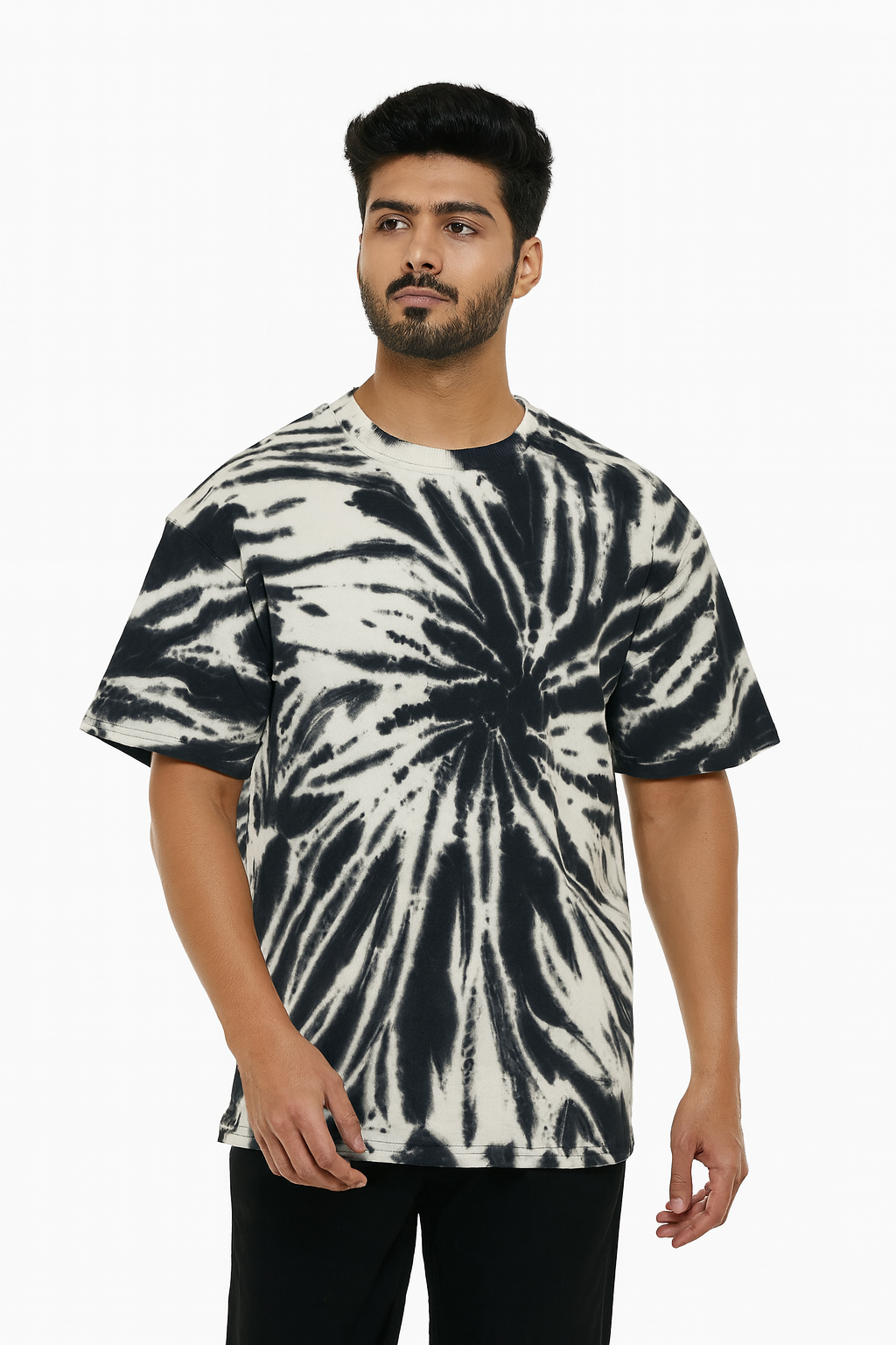 Avenster Trendy Black & White Tie-Dye Oversized Fit T-Shirt
