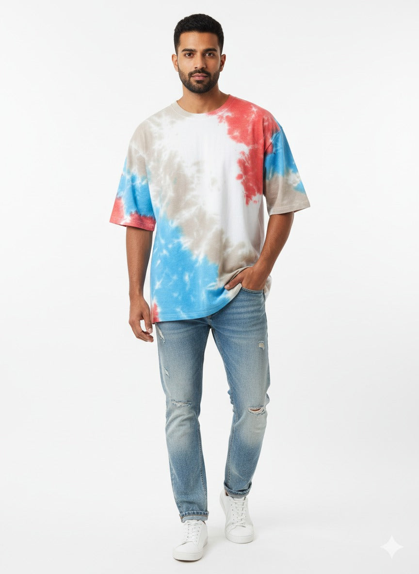 Avenster Minimal Sky Blue & Grey Tie-Dye Oversized T-Shirt