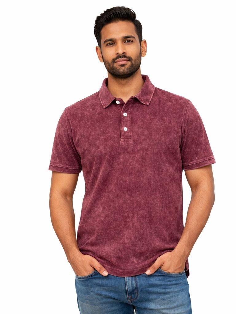 Avenster Maroon Retro Vintage Wash Polo Tee