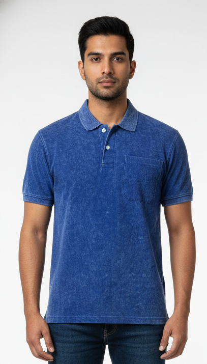 Avenster Blue Acid Wash Polo Tee for Men – Pocket Design