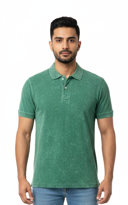 Avenster Stylish Light Green Acid Wash Polo T-Shirt with Chest Pocket