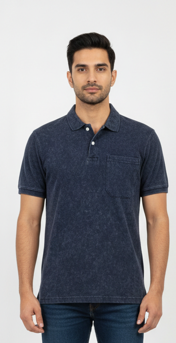 Avenster Vintage Blue Acid Wash Polo Tee with Pocket