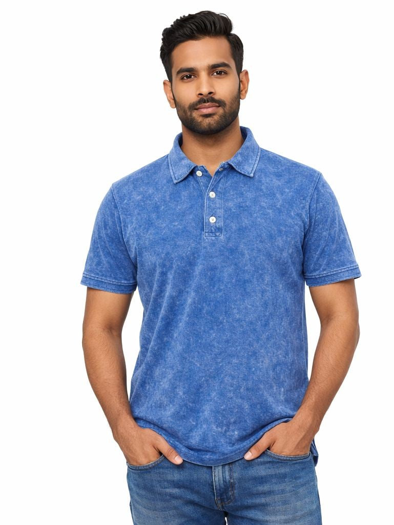 Avenster Casual Blue Vintage Wash Polo T-Shirt